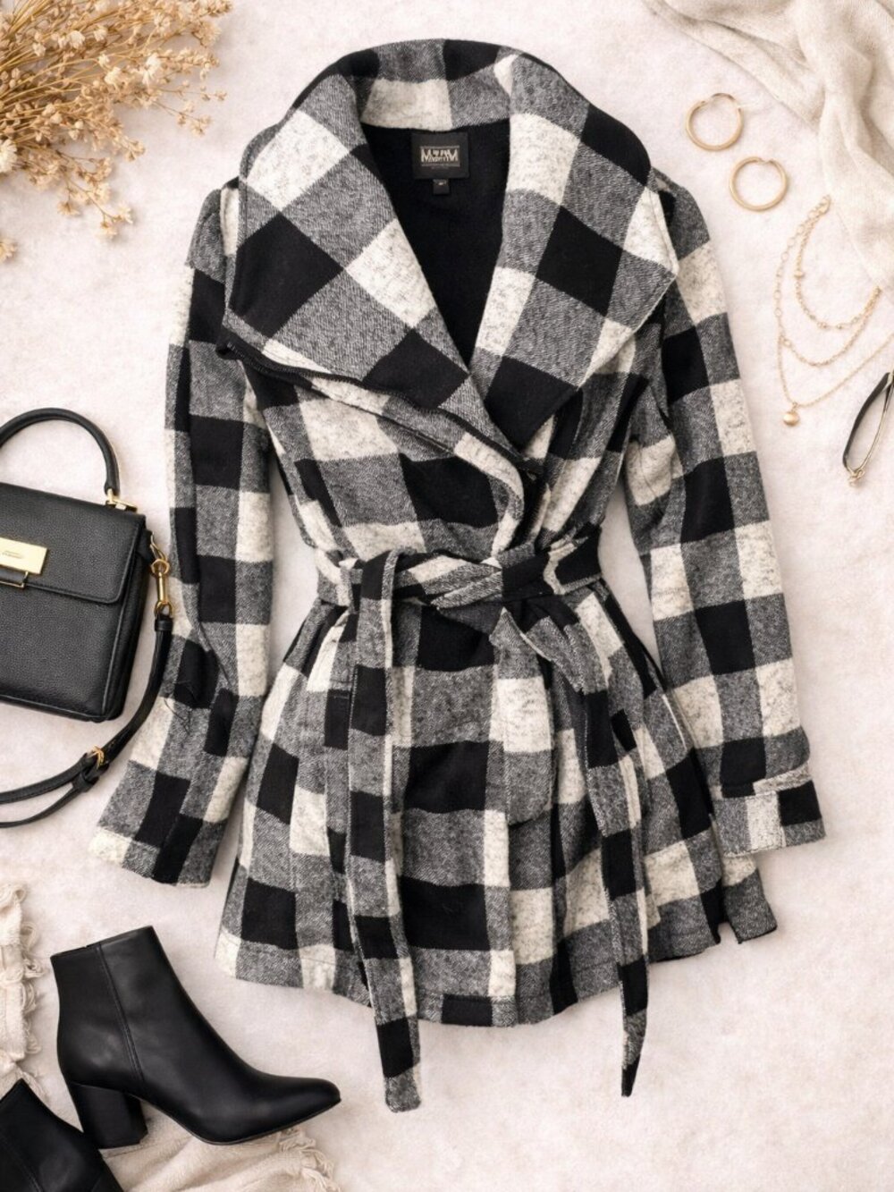 Steve Madden Buffalo Plaid Wrap Jacket Coat Black White Belted M